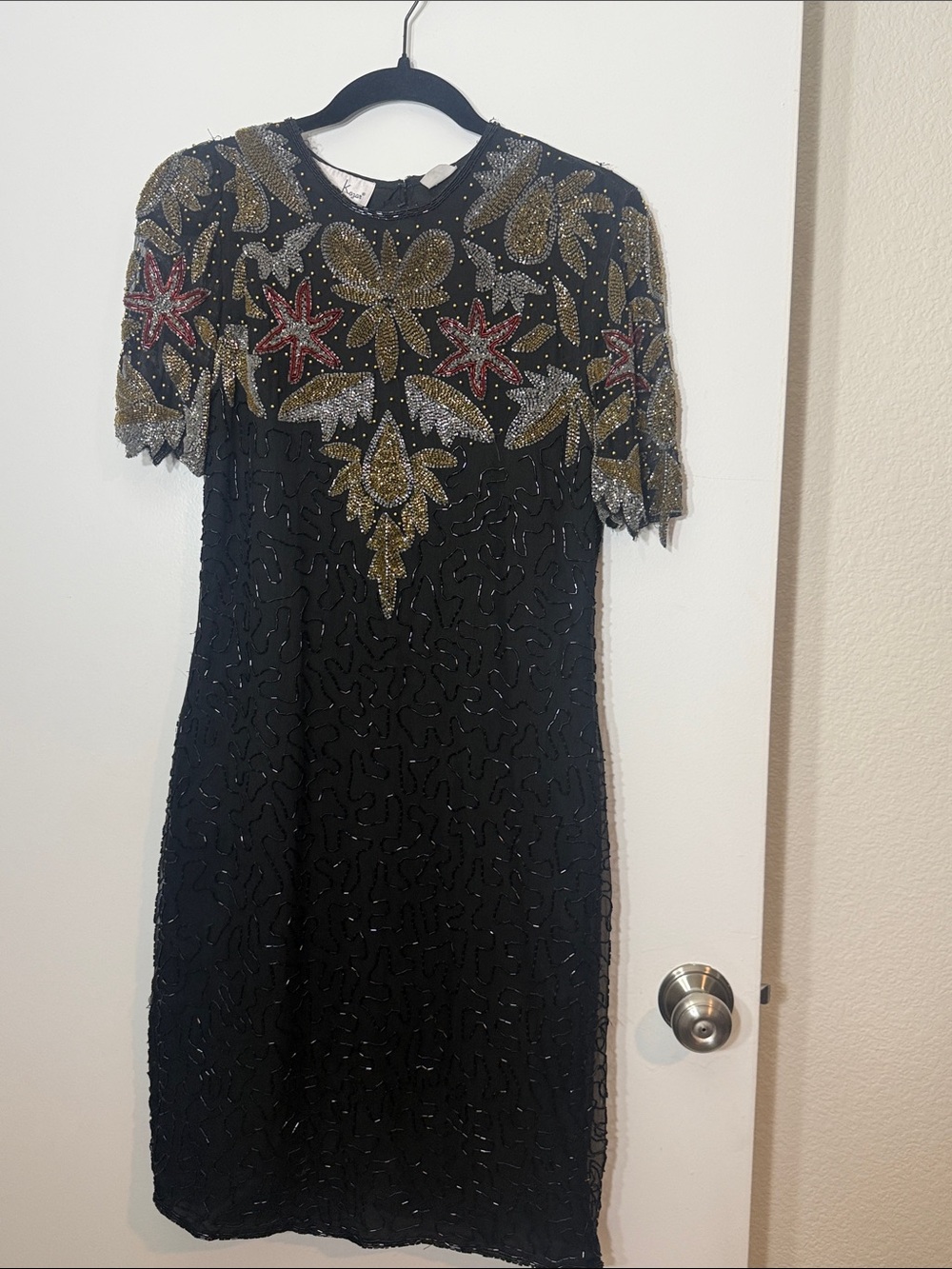 Vintage Embellished Black Cocktail Dress with Gold & Red Beading